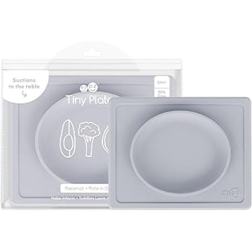 ezpz Tiny Plate (Pewter) - 6 Months+ - 100% Silicone Suction Placemat + Plate for Infants - Fits on Most Highchair Trays - Baby Led Weaning Supplies
