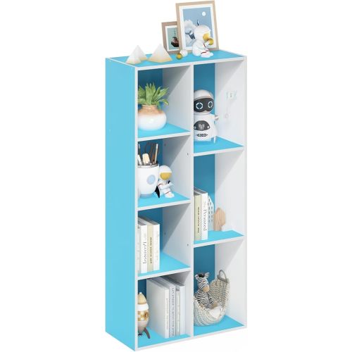 Furinno LUDER Book Shelf, 7-Cube Bookshelf, Bookcase with Open Shelves, 9.4 x 19.5 x 41.7, Easy Assembly, for Living Room, Bedroom, Home Office, White/Light Blue