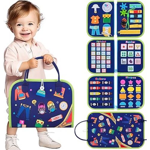CUKU Busy Board Montessori Toy - Toddler Busy Board for 1 2 3 4 Year Old,Montessori Toys Busy Book Fine Basic Dress Motor Skills - Travel Toys for Travel Car Airplane, Ideal Gift for Boys and Girls