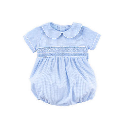 Light Blue Geo Smocked Gingham Collared Bubble