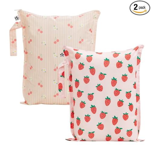 Tiny Twinkle Mess Proof Wet Bags | 2-Pack Reusable Waterproof Wet Bags for Swimsuits | Baby Clothes | Travel & Diaper Bag (Cherry Coquette,Strawberries)