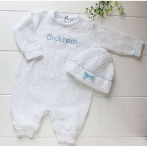 Paty Inc Baby Boys Romper White Blue Trim, Coming Home Knitted Layette Sleeper, Personalized Outfit Baby Gift