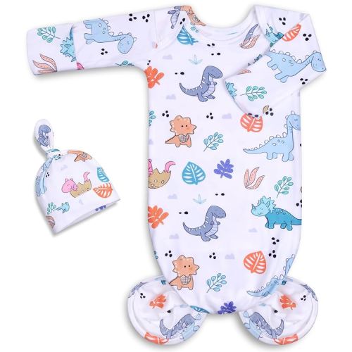 Newborn Baby Girl Gown 0-6 Months, Super Soft Newborn Sleepers Gown, Long Sleeve Infant Nightgown for Girls, Baby Girl Outfit Essential with Folding Gloves Hat Set Dinosaurs
