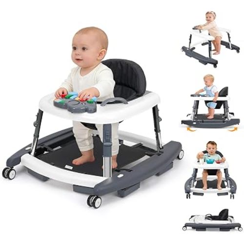5-in-1 Baby Walker for Boys and Girls Music and Lights 6-18 Month, Foldable Baby Walkers with 5 Adjustable Heights, Infant Toddler Walker with Wheels and Combo Portable(Dark Gray)