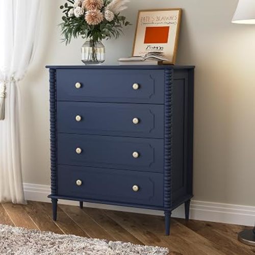 Blue Dresser for Bedroom with 4 Drawer, 37" Tall Chest of Drawers with Turned Legs and Ceramic Knobs,Vertical Dresser, Wood Drawer Storage Organizer for Bedroom, Living Room, Hallway