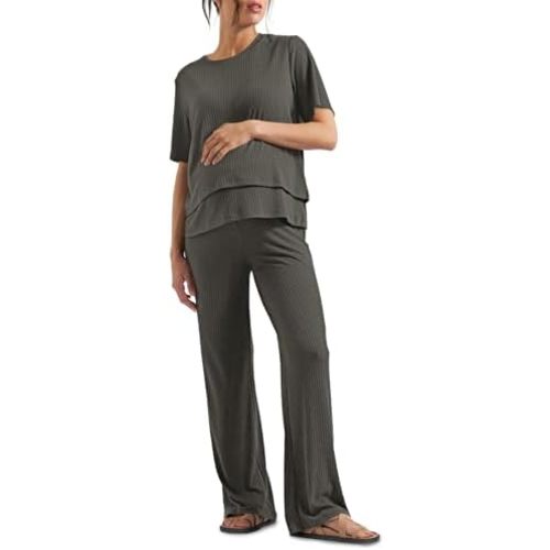 Tankaneo Womens Postpartum Maternity Pajamas 2 Piece Sets Rib Short Sleeve Nursing Tops and Elastic Waist Pants Loungewear