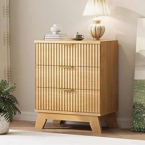 Fluted Dresser for Bedroom with 3 Drawers, 24" Wide Modern Chest of Drawers with Metal Handle, Wooden Dresser TV Stand, Wood Closet Clothes Storage Organizer for Living Room, Hallway, Natural Oak