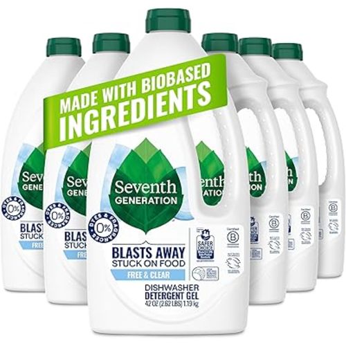 Seventh Generation Free & Clear Dishwasher Detergent Gel, 42 oz, 6 Pack, Targets Grease & Stuck-On Food For A Streak-Free Finish, Fragrance Free