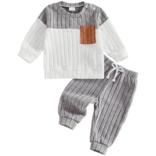 fhutpw Baby Toddler Boy Clothes Plush Knit Color Block Top Jogger Outfits