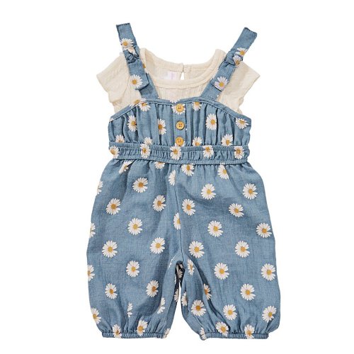Bonnie Jean Baby Girls Tie-Accented-Shoulder Daisy-Printed Chambray Coverall & Short Sleeve Knit T-Shirt Set