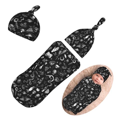 Qiankang Halloween Newborn Swaddling Blanket Beanie Hat Sets Soft Baby Receiving Funny Goth Skull Blanket Soft Sleeping Bag New Born Soft Sleep Sacks for Boys Girls