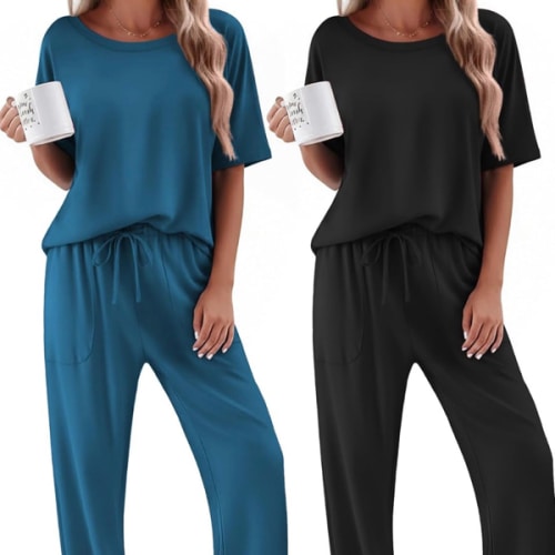 Ekouaer 2 Pack Womens Pajamas Sets Short Sleeve Long Pants Pjs Lounge Set