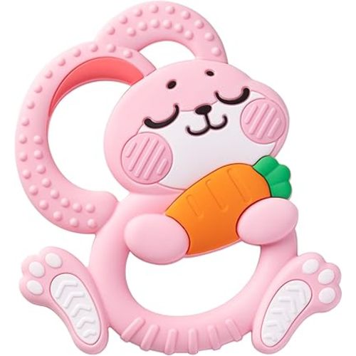 Easter Baby Teething Toys for 3+ Months, Silicone Bunny Rabbit Teether for Babies 3 6 9 12 Months, Teething Relief, Easter Basket Stuffer Essential, Pink Sensory Toy Gifts Girls