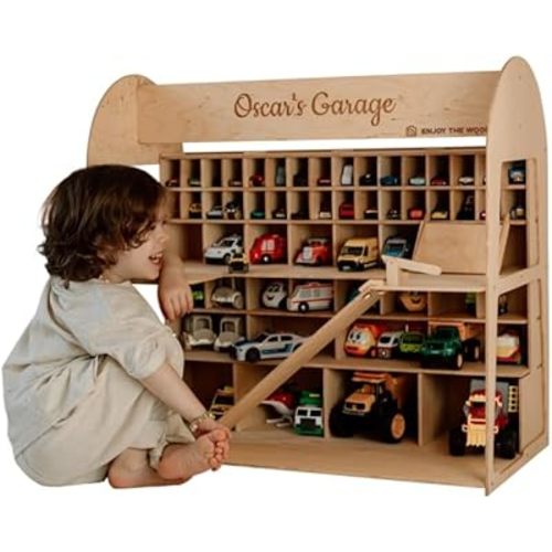 Toy Parking Garage with Elevator Wooden Toy Car Storage Small Car Compatible Gift for Toddlers 1-4 Years Old Organizer Case Shelf for Mini Toy Cars (Big, Dark Walnut)