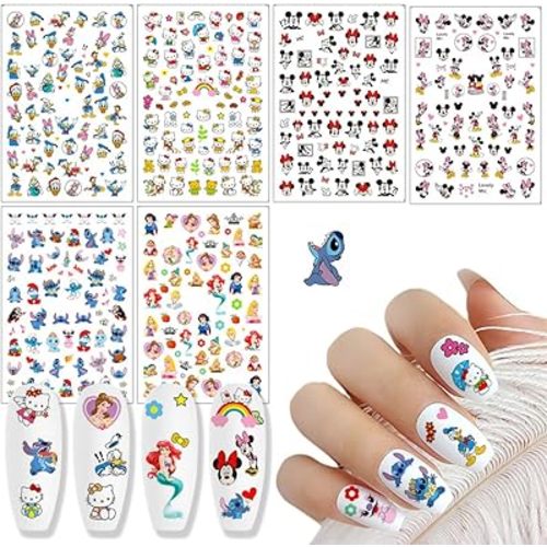 6 Sheets 3D Self-Adhesive Cartoon Nail Art Stickers - Cute Mouse Decals for Women Girls - Kawaii Anime DIY Manicure Tips Decoration Supplies