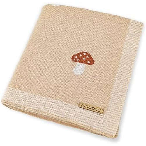 Mushroom 100% Cotton Knitted Baby Blanket, Cream Gift, 40x31
