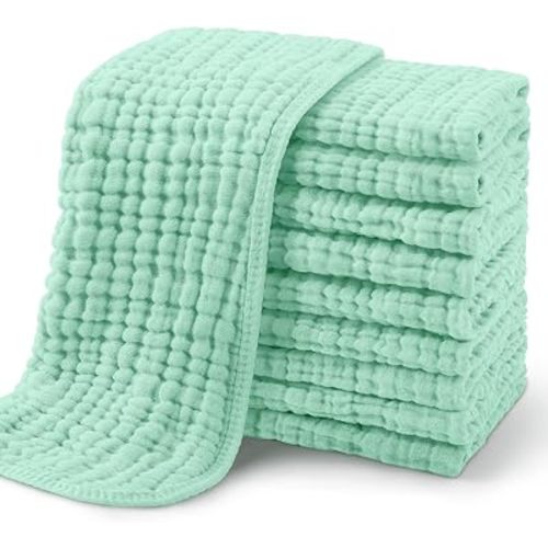 Yoofoss Muslin Burp Cloths for Baby 10 Pack 100% Organic Cotton Baby Washcloths for Boys Girls Large 20''X10'' Super Soft and Absorbent Apricot,Mint Green