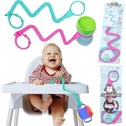 Brilli Baby Cup Catcher Patented Safety Tether Strap, Attach Sippy Cups, Bottles, Pacifiers & More to Stroller, High Chair, Car Seat, Made in USA, Food Grade, Dishwasher Safe, Aqua/Pink
