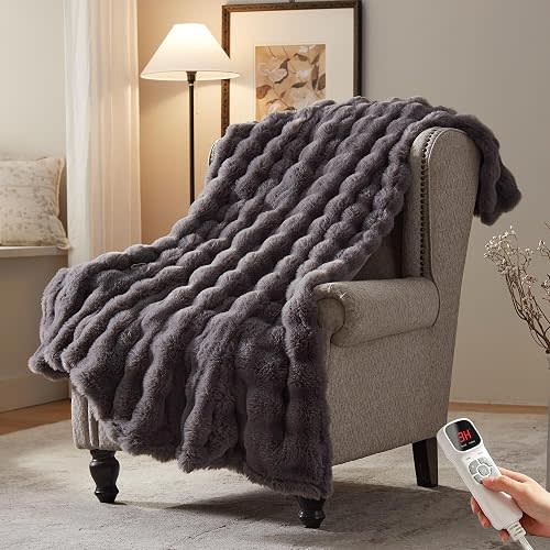 Electric Heated Blanket,72x84 Heating Full Soft Bubble Flannel Dark Grey