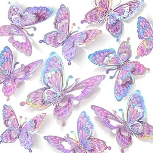 60 PCs Purple Butterfly Wall Decor Double-Layer 3D Butterflies Wall Stickers Removable PVC Butterflies for Crafts Birthday Cake Wedding Party Bouquets Cute Room Decor