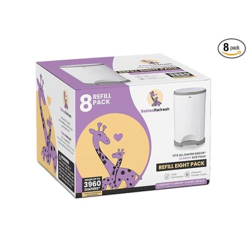 Refills Compatible with DEKOR CLASSIC Diaper Pail Refills | 8 Pack | Diaper Pail Odor Eliminator| Fresh Powder Scent | Each Diaper Bag Refill Holds up to 3960 Diapers | Diaper bin refill