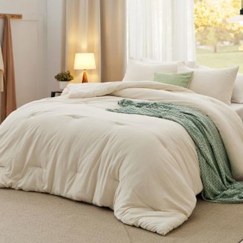 Bedsure Full Size Comforter Set Light Beige Soft Prewashed Bedding All Seasons 3 Pieces GentleSoft™ Warm Down Alternative Bed Set Mother's Day Gift