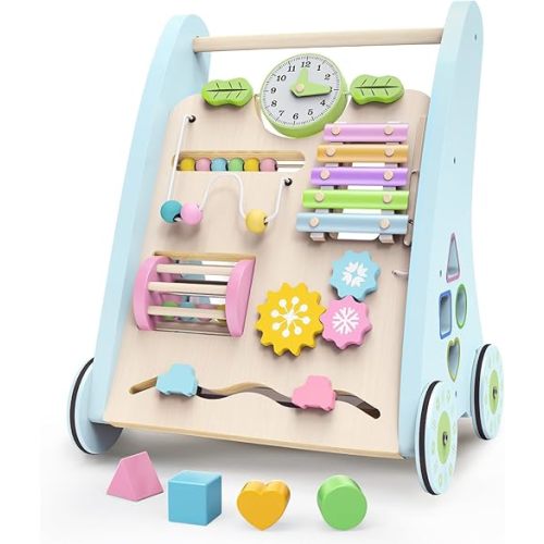 Wooden Baby Walker,Adjustable Speed Push Walker with Wheels and Learning Activity Center,Montessori Walker for Babies 12 Months,Baby Walker Push Toys for Baby Boys and Girls Gifts (Blue)