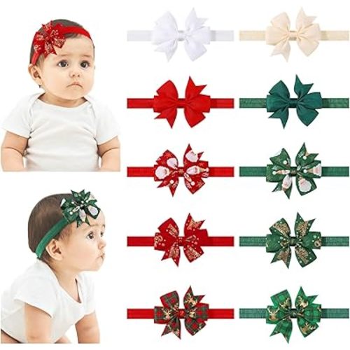 jollybows 10pcs Christmas Baby Bows Headbands Soft Stretchy Grosgrain Ribbon Hairbands with Bows Christmas Headbands Hair Accessories for Newborn Baby Girls Infant Toddlers Kids