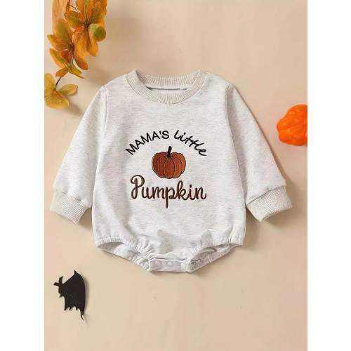 Baby Girl Casual Cute Pumpkin Embroidery Halloween Bodysuit, For Halloween Party