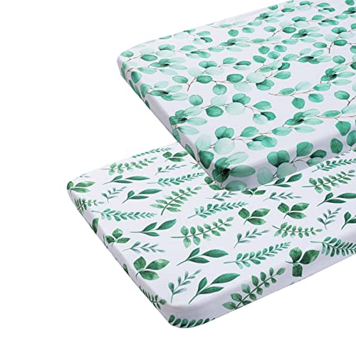 Onacosht Pack n Play Sheets 2 Pack for Baby Unisex, Stretchy Jersey Knitted Portable Mini Crib Sheets Playard Mattress Cover for Baby Boys and Girls, Watercolor Green Botanical Leaf
