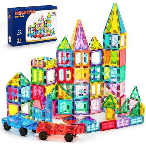 Ryoichi 138PCS Magnetic Tiles Set with 2 Cars, STEM Educational Construction Building Blocks & Montessori Learning Toys for Kids Ages 3-9+ Years