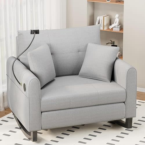 Upholstered Oversize Rocking Chair with Adjustable Phone Handle, Nursery Rocking Chair with High Back and Side Pocket USB Port, Double Wide Rocker for Living Room, Bedroom, Nursery, Grey