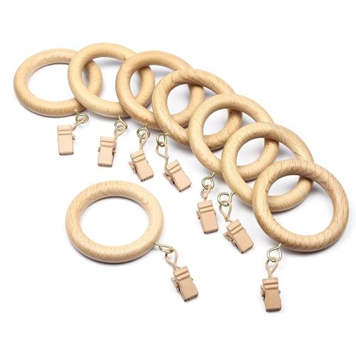 Rosewood Curtain Rod Rings with Clips | Wooden Drapery Rings for 1" to 2.5" Poles | Natural Finish, Durable & Stylish | Ideal for All Curtain Styles