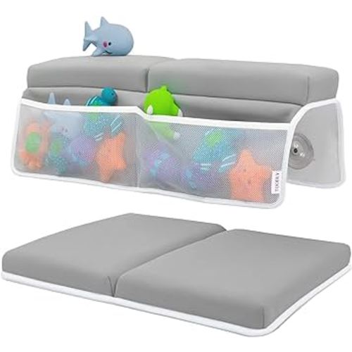 Comfortable Baby Bath Kneeler and Elbow Rest Pad Set - Thickest Bathtub Kneeler Pad with Memory Foam and Bath Toys Organizer - Bath Kneeling Pad- Relieve your Knees and Elbows (Grey)