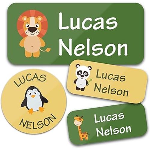 Bunny Badges Personalized Daycare Name Labels for Kids (130 Labels) - Custom Waterproof Name Stickers for Clothing Tags, Water Bottles, Lunch Boxes and School Supplies (Animals)