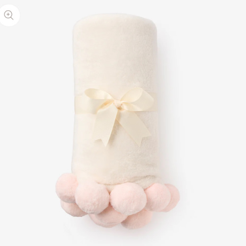 Pale Pink Pom Trim Fleece Baby Stroller Blanket