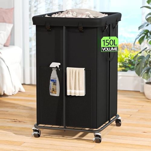 100L Laundry Hamper with Lid, Rolling Laundry Basket with Wheels, Large & Tall Dirty Clothes Hamper with Metal Frame and Removable Bag for Bedroom Aesthetic, Laundry Room, Bathroom, Dorm-Black