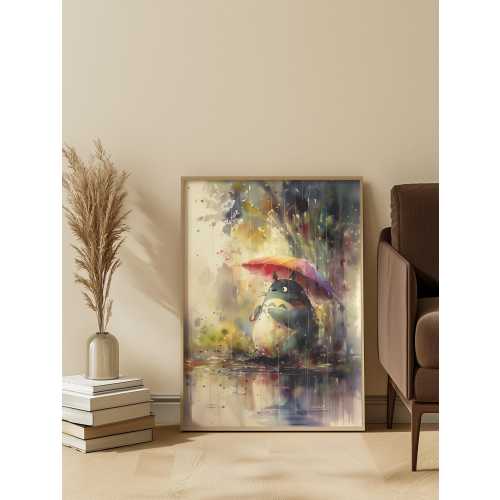 Colourful Totoro Rain Art Print Watercolour Poster for Nursery or Kids Room Whimsical Nature Anime Inspired Studio Ghibli Wall Decor
