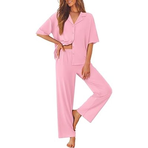 Ekouaer Women Pajamas Set Button Down Sleepwear Short Sleeve Pjs Soft Comfy Nightwear with Long Pants S-XXL