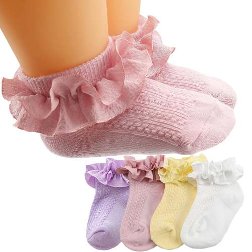 Baby Girl Socks Infant Toddler Ruffle Socks Princess Eyelet Frilly Little Baby Girls Lace Ruffle Socks, 4 Pairs