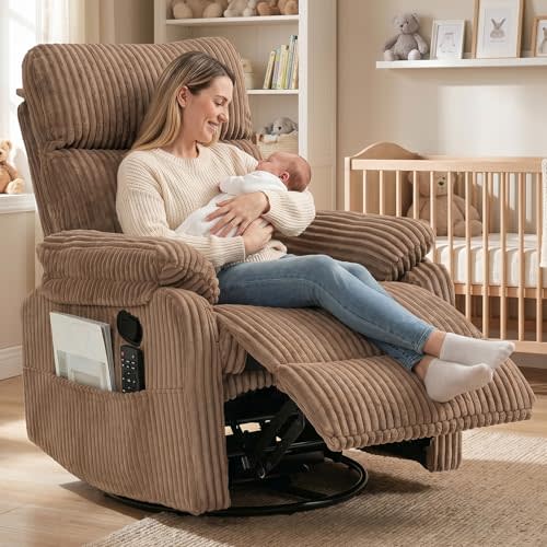 HRVEOCEI Manual Small Recliner Rocking Chair for Nursery/Relaxation | Corduroy Swivel Glider Recliner for Living Room Bedroom, Brown Rocking Chair Nursery Recliners for Small Spaces,Side Pockets