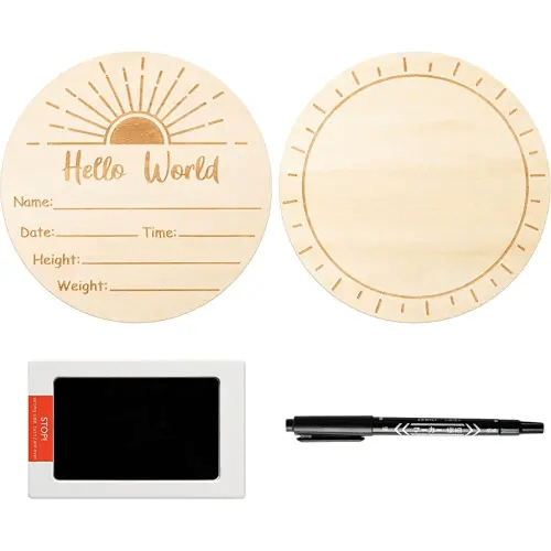R HORSE Baby Birth Announcement Sign with Marker Pen, Boho Sun Baby Name Sign with Ink Pad for Hand and Footprints, Wooden Hello World Newborn Announcement Nursery Decor Keepsake Gifts