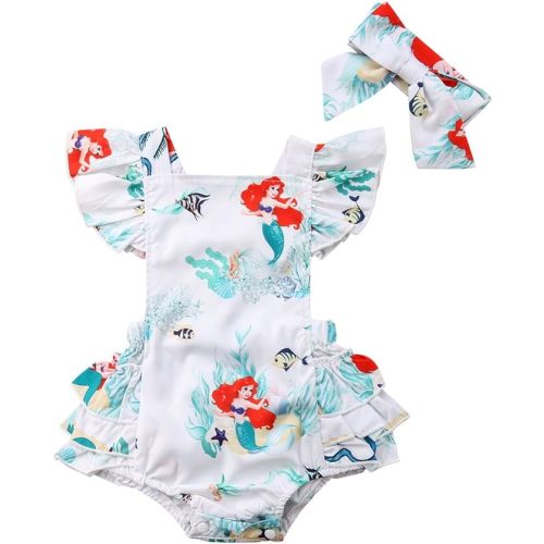 Cute Newborn Baby Girl Mermaid Romper with Headband Set Ruffled Sleeve Backless Cake Smash Romper Outfit