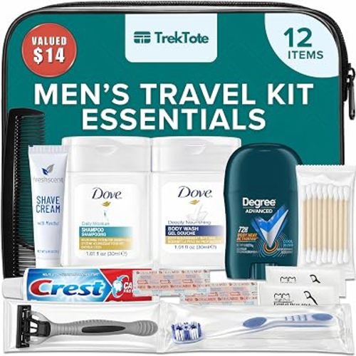 TrekTote 12 Piece Men’s Travel Toiletry Kit TSA Approved Travel Size Toiletries Set Hygiene Kit with Toothbrush Toothpaste Deodorant Razor Shampoo Conditioner