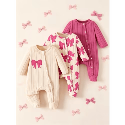 3pcs set baby girls bow print long sleeve onesies footed - Temu