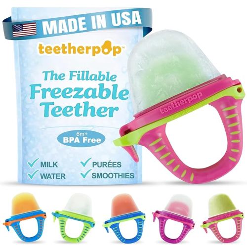 Teetherpop Fillable Freezable Teethers for Babies - Breastmilk Teether with Spill-Proof Sippy Slits – Teething Popsicle for Baby, Liquids & Purées, Cooling Teething Relief Feeder Pacifier - PinkLimon