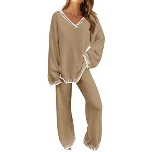 MEROKEETY Women's 2 Piece Outfits Fuzzy Fleece Pajama Set Long Sleeve Top Wide Leg Pants Loungewear