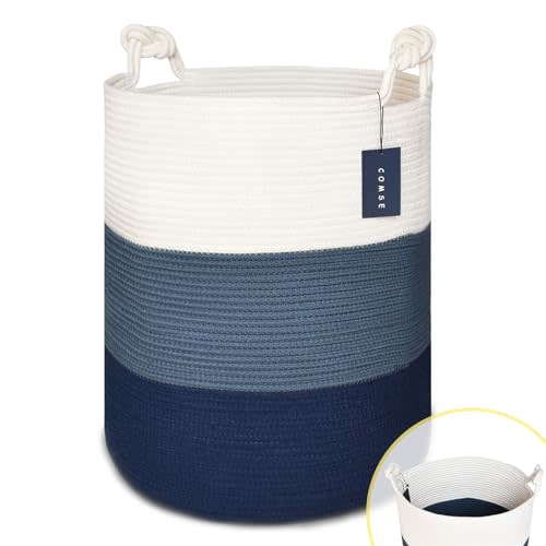 COMSE Extra Large Blanket Basket, Tall Woven Storage Basket, Nursery Hamper, 15.7”x 21.7”, Cotton Rope Laundry Hamper for Toys Clothes Towels, White/Cadet Blue/Navy Blue
