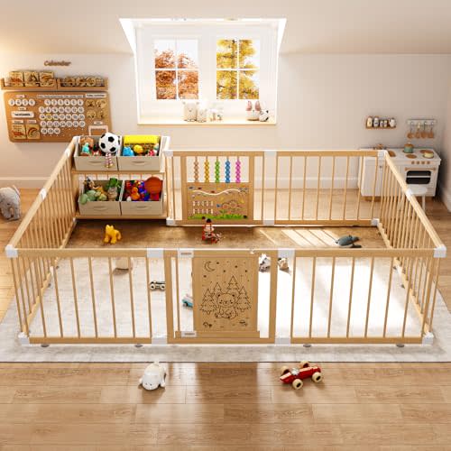 IKALIFE Large Wooden Baby Storage Playpen 9+3 Panels 71”×48” | Size Adjustable Play Yard for Babies and Toddlers, Baby Fence Activity Center with 4 Toy Storage Cases Play Pen