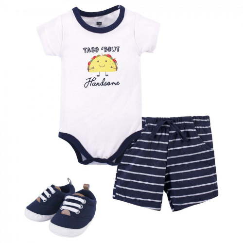 Hudson Baby Infant Boy Cotton Bodysuit, Shorts and Shoe 3pc Set, Handsome Taco, 0-3 Months